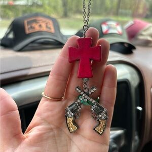 Red Cross Pendant with Dual Pistols Charm Necklace